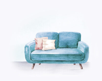 Watercolor couch for Dr. Noffsinger-Frazier, Psychologist in Sewanee, TN