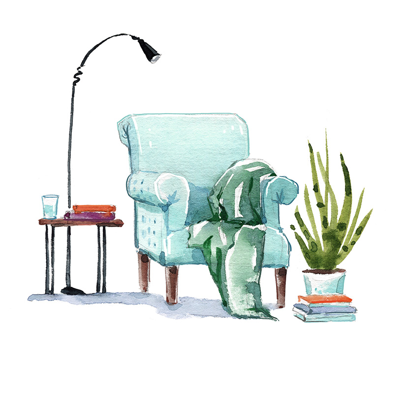 Watercolor chair with plant representing psychotherapy services in Sewanee, TN for children, adults and couples