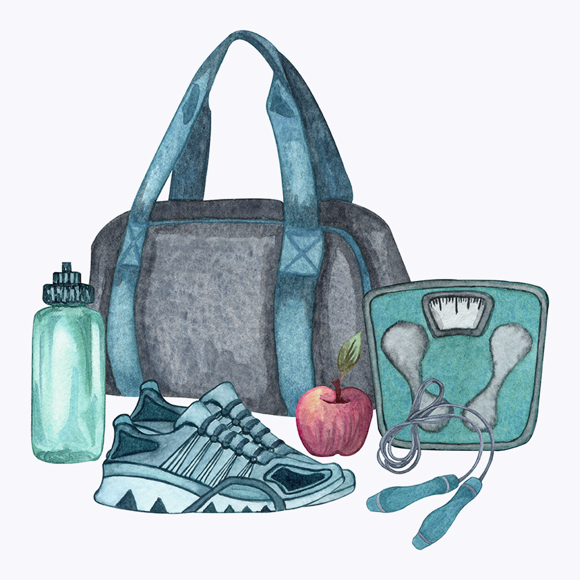 Gym bag, scale, apple and water bottle for health and wellness coaching